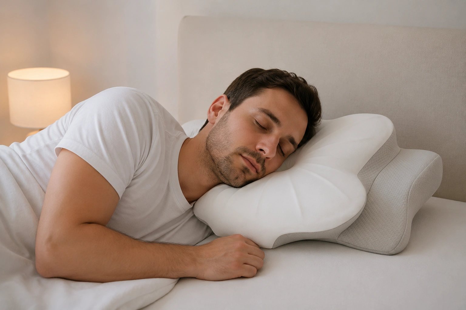 Woman sleeping peacefully on SleepAlign Pro pillow